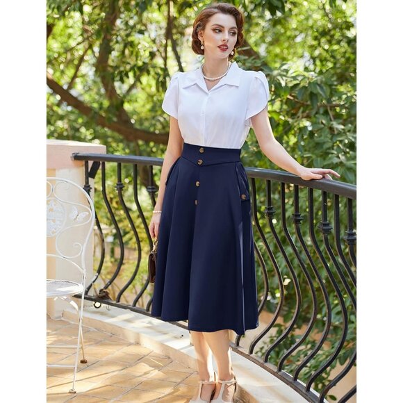 Womens A Line Midi Skirt Vintage Swing Skirt High Waisted Pleated Skirt - Picture 4 of 6